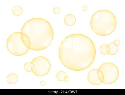 Ensemble de bulles d'or brillantes, transparentes et réalistes, isolées sur fond blanc.Sphère dorée.Texture vectorielle. Illustration de Vecteur