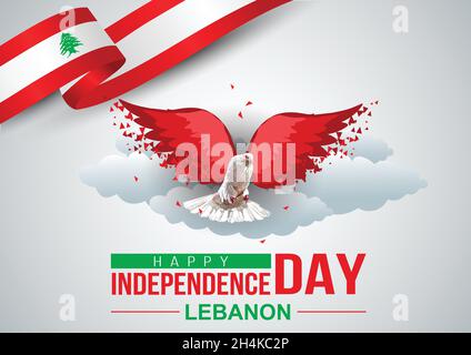 Joyeux jour de l'indépendance du Liban. Vol dove avec drapeau libanais. Dessin d'illustration de vecteur. Illustration de Vecteur