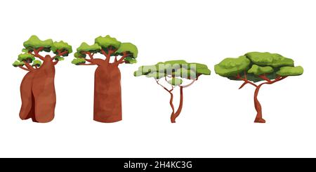 Placez les acacia et les baobabs Savannah plantes dans le style de dessin animé isolé sur fond blanc.Collection, actif de jeu ui.Illustration vectorielle Illustration de Vecteur