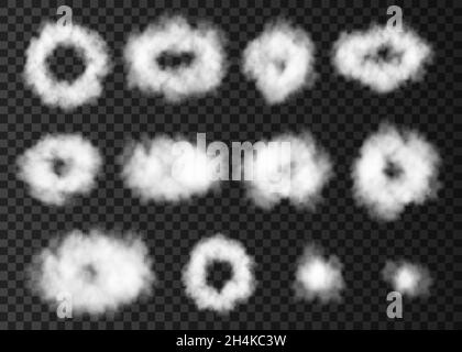 Les anneaux de vapeur des tuyaux de fumée ont un effet spécial.Fumée blanche isolée sur fond transparent.Vecteur réaliste de cercles de brouillard montant ou Illustration de Vecteur