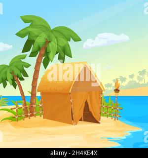 Paysage de mer avec île, cabane ou bungalow avec toit en paille et décorations en bambou, palmiers, lampe de feu tiki avec feu et sable dans le style de dessin animé. Scène exotique Illustration de Vecteur