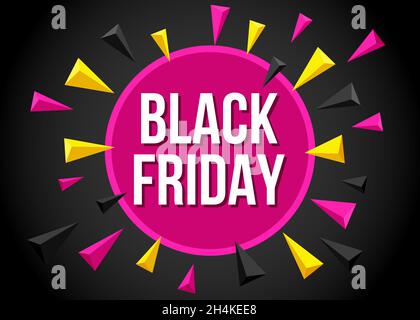 Modèle d'affiche de solde du Vendredi fou avec pyramides triangulaires roses et jaunes volantes.Illustration vectorielle pour l'arrière-plan de la bannière de remise et d'offre. Illustration de Vecteur