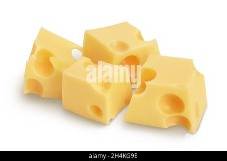 cubes de fromage isolés sur fond blanc avec passe-cheveux et profondeur de champ totale Banque D'Images