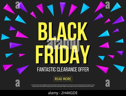Modèle d'affiche de solde du Vendredi fou avec pyramides triangulaires hautes en couleur volantes.Super rabais et fantastique bannière d'offre de liquidation.Illustrateur de vecteur Illustration de Vecteur