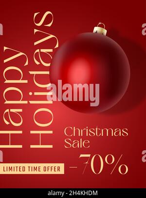 Carte ou affiche de Noël à motif vectoriel.Arrière-plan de la promotion de saison avec boule rouge réaliste et espace de texte de vente.Vacances d'hiver du nouvel an Illustration de Vecteur