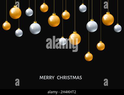Boules de Noël suspendues argentées et dorées isolées sur fond noir.Boules réalistes de Noël.Décorations de Noël vectorielles. Illustration de Vecteur