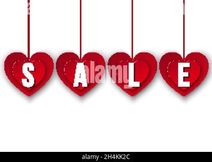 Bannière de vente de la Saint-Valentin.Suspendre des coeurs en papier rouge coupé sur fond blanc.Réduction et offre spéciale.Modèles vectoriels. Illustration de Vecteur