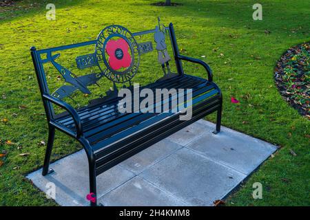 Mémorial de guerre de Cenotaph, Montrose, Angus, Écosse, Royaume-Uni 3 novembre 2021 : le nouveau banc du Centenaire du pavot a été dévoilé au Cenotaph à Montrose le 28 octobre.Ce projet a été financé, conçu et fabriqué localement.Le groupe « Poppy Scotland Montrose » était à l'origine du projet.Le nouveau banc, complète le banc existant au mémorial de guerre de Cenotaph.Credit: Barry Nixon/Alay Live News Banque D'Images