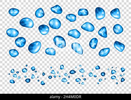 Gouttes d'eau isolées sur fond transparent.Différentes formes de gouttelettes ou de bulles bleues réalistes.Arrière-plan vectoriel. Illustration de Vecteur