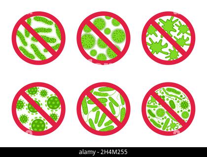 Icône de défense antibactérienne et antivirale.Stop bactéries et virus signe d'interdiction.Antiseptique.Germe vert de style plat isolé sur fond blanc Illustration de Vecteur