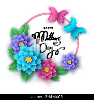 Carte de vœux de fête des mères avec fleurs coupées en papier, papillons, lettrage.L'été ou le printemps de la saison florale fond coloré pour la bannière, Illustration de Vecteur