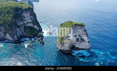 Grands rochers avec plantes sauvages vertes sur la mer bleue Banque D'Images