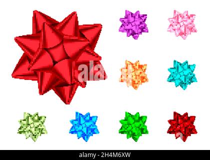 Bleu, rouge, vert, rose, orange,noeud cadeau violet isolé sur fond blanc.Noël, décoration du nouvel an.Ensemble vectoriel d'éléments de design de vacances Illustration de Vecteur