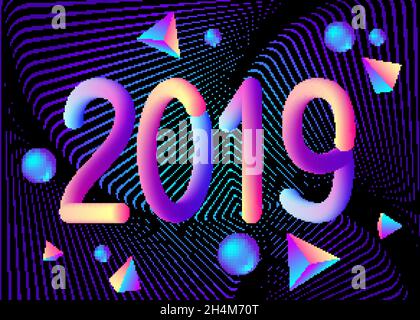 2019 Nouveau-an résumé géométrique de fond en couleur violet ultra tendance avec pyramide 3D, balle et nombre.Toile de fond moderne à rayures fluo-violettes.FUT Illustration de Vecteur