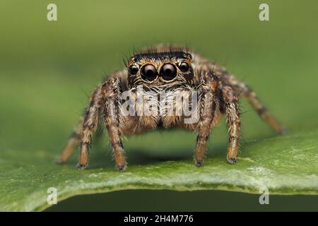 Evarche falcata araignée sauteuse au repos sur la feuille.Tipperary, Irlande Banque D'Images