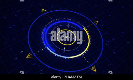 Animation abstraite 3d au néon brillant d'un graphique circulaire avec des chiffres ressemblant à une boussole moderne qui tourne sur fond sombre.L'avenir et l'innovation con Banque D'Images