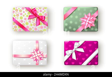 Boîte cadeau rose, verte et blanche avec ruban et noeud, vue du dessus.Noël, Fête des mères, Pâques, 8 mars, cadeau de fête ou de Saint-Valentin. Illustration de Vecteur