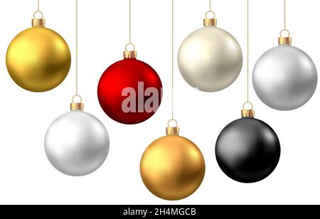 Boules de Noël réalistes en rouge, noir, or, argent isolées sur fond blanc.Décoration d'arbre de Noël à motif vectoriel. Illustration de Vecteur