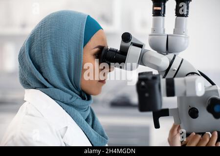 Dentiste féminin musulman médecin utilisant le microscope dentaire au travail en clinique, gros plan de la stomatologue islamique Lady in hijab faire des recherches avec Banque D'Images