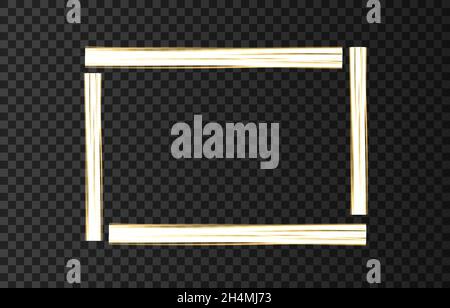 Cadre doré avec effets de lumière isolés sur fond noir transparent.Bannière carrée dorée brillante.Forme de néon vectorielle. Illustration de Vecteur