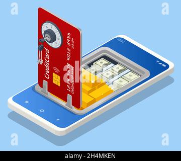 Services bancaires mobiles en ligne isométriques et services bancaires par Internet. Application Mobile Banking sur un écran Illustration de Vecteur
