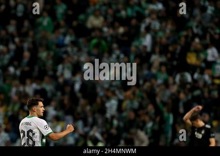 Lisbonne, Portugal.3 novembre 2021.Pedro Goncalves de Sporting CP célèbre après avoir marquant un but lors du match de football du groupe C de la Ligue des champions de l'UEFA entre Sporting CP et Besiktas au stade Alvalade à Lisbonne, Portugal, le 3 novembre 2021.(Image de crédit : © Pedro Fiuza/ZUMA Press Wire) Banque D'Images