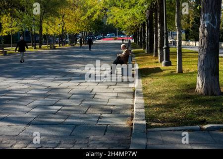 Un homme assis sur un banc au soleil sur le Puente de Toledo (pont de Tolède) à marqués de Vadillo, Madrid Banque D'Images