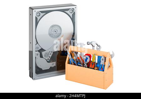 Disque dur avec boîte à outils.Disque dur HDD avec outils.Concept de réparation et de récupération, rendu 3D isolé sur fond blanc Banque D'Images