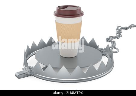 Piège à ours avec une tasse de café ou de thé jetable.Concept de dépendance à la caféine, rendu 3D isolé sur fond blanc Banque D'Images