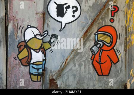 Graffiti Pokemon au site abandonné du radar Duga dans la zone d'exclusion de Tchernobyl Banque D'Images