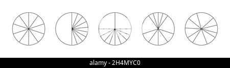 Cercles de contour divisés en 10 segments.Les tourtes ou les pizzas sont coupées en dix tranches différentes.Exemples simples d'infographie statistique isolés sur fond blanc.Illustration graphique vectorielle. Illustration de Vecteur