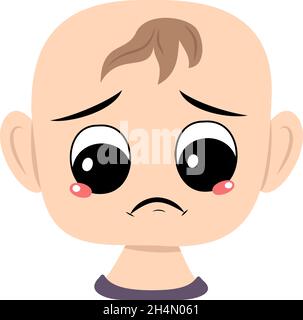 Enfant aux émotions tristes, au visage déprimé, aux yeux en bas.Tête de bébé mignon avec expression mélancolique Illustration de Vecteur