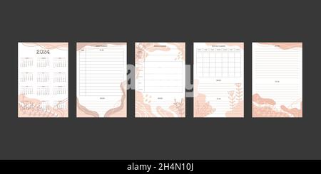 calendrier 2024 et collection de calendriers mensuels hebdomadaires quotidiens avec des formes biologiques dessinées à la main et des éléments botaniques floraux dans des palet neutres pastel Illustration de Vecteur