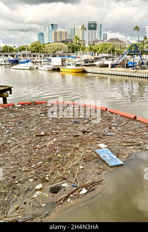 Bouteilles flottantes en plastique Coca-Cola, coquilles en polystyrène et autres déchets et déchets toxiques polluants dans le port d'Honolulu, Oahu, Hawaii, États-Unis Banque D'Images