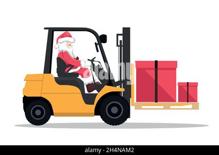 Conception du père noël conduisant un chariot élévateur avec une boîte cadeau Illustration de Vecteur
