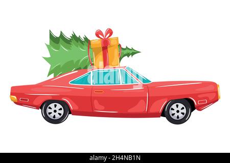 jolie voiture rouge transportant un arbre de noël et une boîte cadeau Illustration de Vecteur