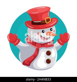 bonhomme de neige souriant avec gants et chapeau rouge Illustration de Vecteur