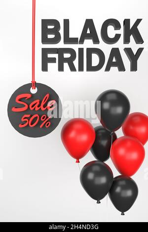 3D.Affiche du vendredi noir avec ballons sur fond blanc. Banque D'Images