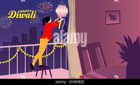 La plus grande illustration de l'Inde Festival Deepawali, Happy Diwali isolé fille illustration avec beau fond de nuit Banque D'Images