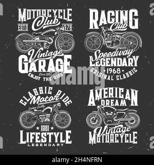 Modèle à imprimé t-shirt vintage pour motos de route.Courses de moto, club de motards ou vélos personnalisés service de réparation garage station vêtements imprimé avec touri Illustration de Vecteur