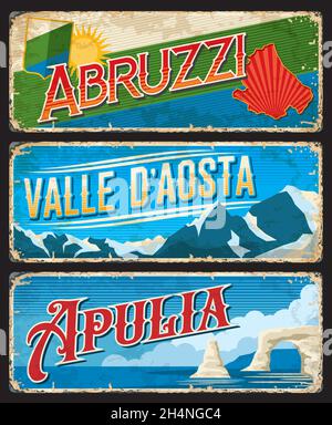 Abruzzi, Valle Daosta, Apulia régions italiennes plaques d'époque.Italie voyage destination vecteur plaques, bannières vieillies avec carte, soleil et drapeau, montagnes Illustration de Vecteur