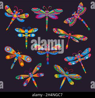 Caricature mexicaine libellules aux couleurs vives avec ornements floraux ethniques.Insectes vectoriels sur fond noir avec ailes et corps, décorés de fleurs colorées Illustration de Vecteur