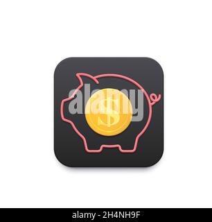 Une banque de cochon avec l'icône en or de l'application d'économie d'argent.Pig silhouette rose et pièce d'or avec signe dollar 3D vecteur bouton de mobile ou Illustration de Vecteur