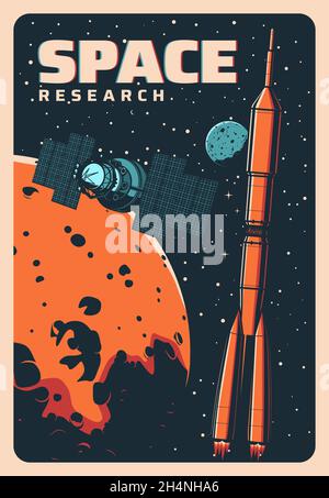 Fusée spatiale et satellite.Colonisation de Mars affiche vecteur vintage.Navette en galaxie sur orbite de planète étrangère.Recherche spatiale, exploration martienne Miss Illustration de Vecteur