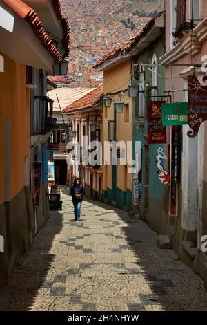 Les étroites ruelles pavées de la rue Calle Jaen, La Paz, Bolivie, Amérique du Sud Banque D'Images