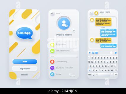 Interface d'application de chat Neumorphic, interface utilisateur d'application de communication mobile ou Web.Kit vectoriel de modèle d'écran Messenger avec bulles de message, boîte de dialogue en ligne Illustration de Vecteur