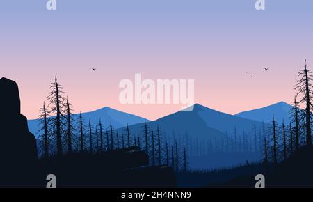 Vue fantastique sur les montagnes avec la forêt de l'extérieur de la ville la nuit.Illustration vectorielle d'une ville Illustration de Vecteur