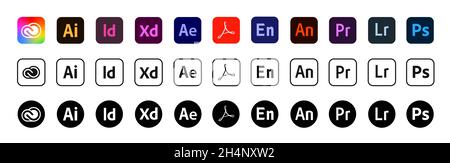 Kiev, Ukraine - 6 novembre 2021 : ensemble de logotypes des produits adobe. Banque D'Images