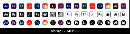 Kiev, Ukraine - 6 novembre 2021 : ensemble de logotypes des produits adobe. Banque D'Images