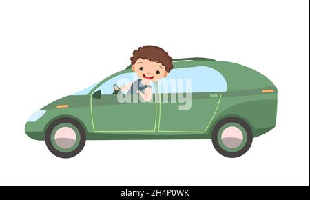 Voiture pour enfants.Les enfants s'y promont dans une voiture moderne et verte.Véhicule jouet.Avec un moteur.Mignon auto passager.Isolé sur fond blanc.Vecteur Illustration de Vecteur